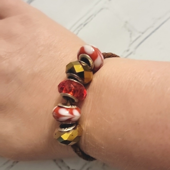 Pandora Leather Braid Bracelet with Five Beads Marked 925 - Picture 4 of 8